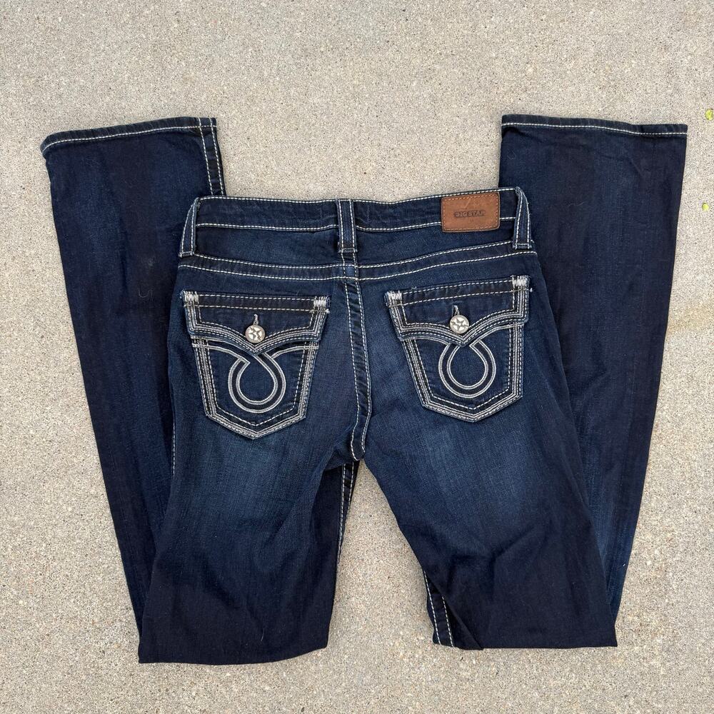 Big Star Maddie Boot 28L Dark Wash Flap Pocket Embroidered Blue Jeans